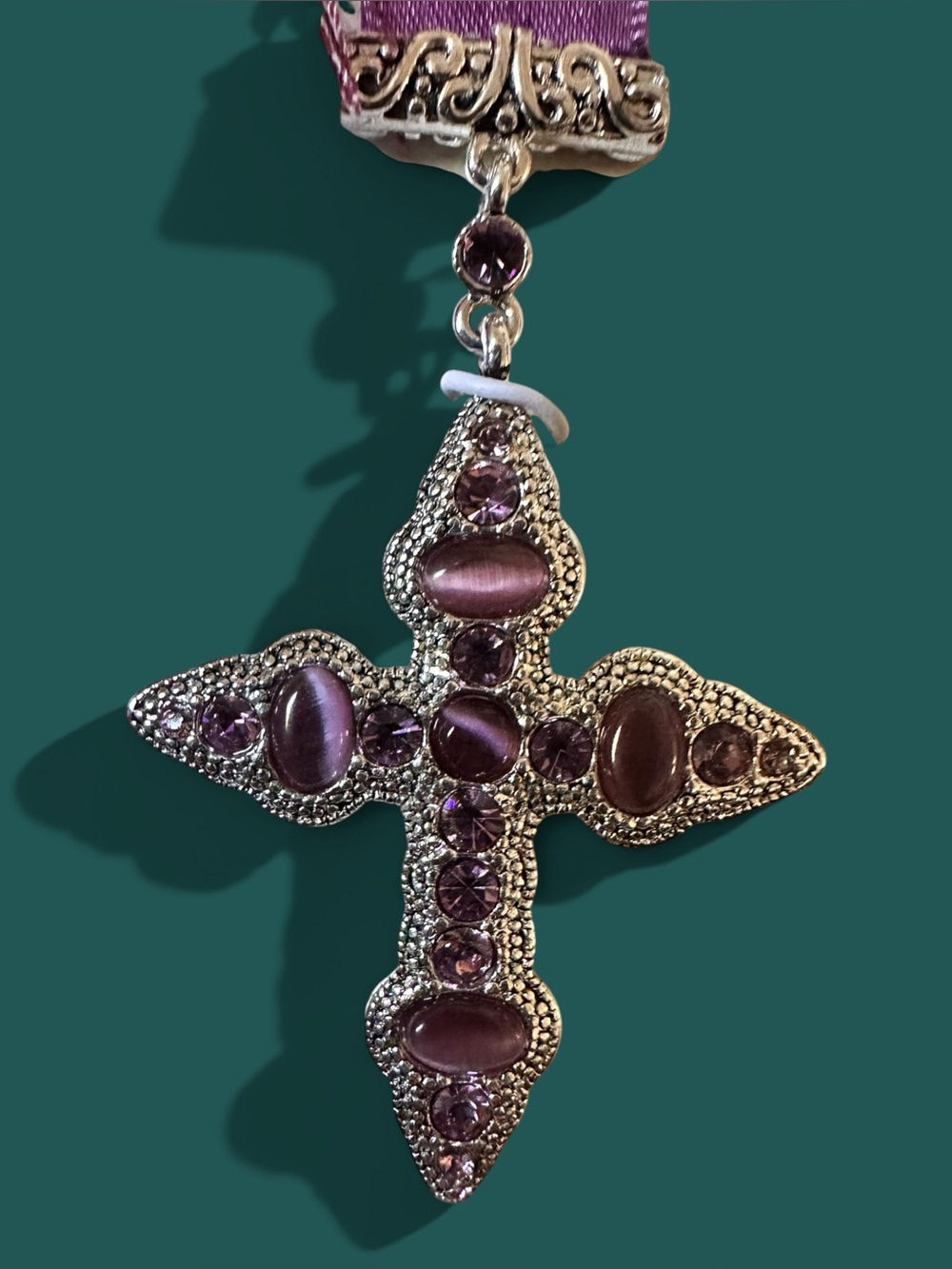 Vintage Crown Trifari Purple Rhinestone Cross Satin Ribbon Bookmark NIB